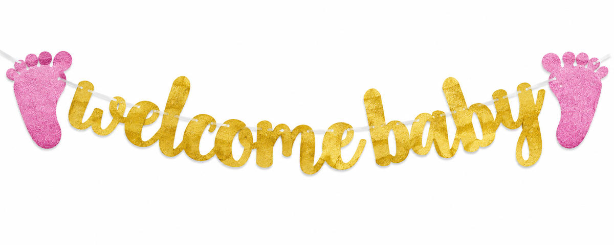 'Welcome Baby" Banner with Pink Footprints