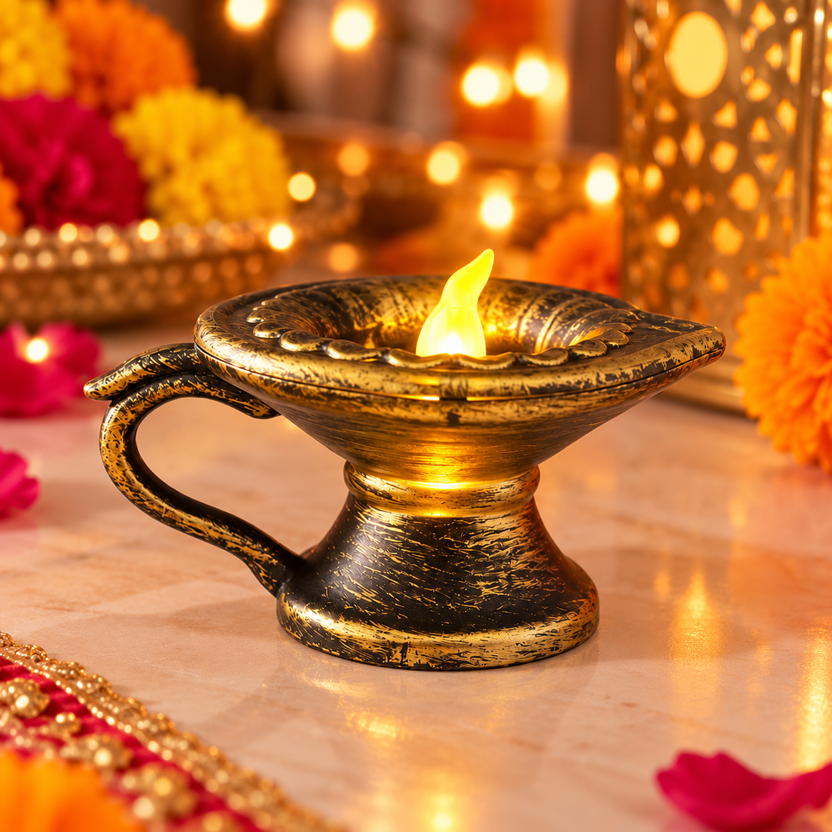 Traditional Diwali LED Diya Lamp –antique Gold